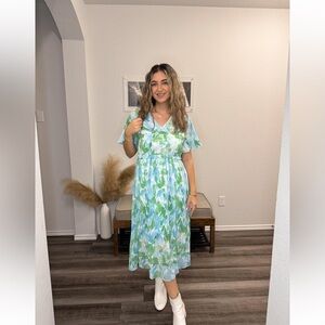 GRACE KARIN Floral Green and Blue Midi Dress V-Neck Smock Pleated NWT Size Large